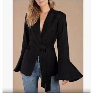 Free People Women's Sz S Black Linen Blend Bell Flared Sleeve Blazer Jacket